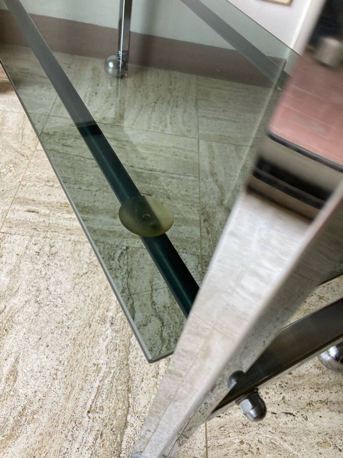 Vintage chrome dessert table, 2 smoked glass trays.