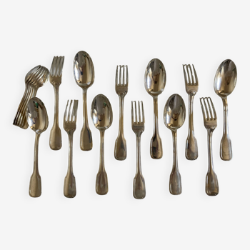 Set of 6 forks, 6 spoons, 6 small modernist spoons in silver metal