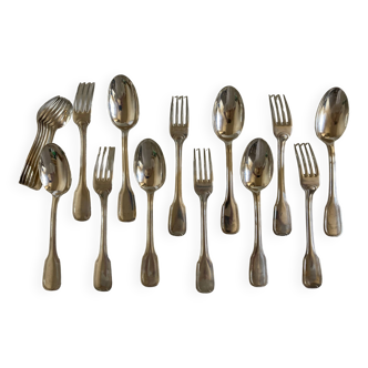 Set of 6 forks, 6 spoons, 6 small modernist spoons in silver metal