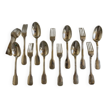 Set de 6 fourchettes, 6 cuillères, 6 petites cuillères modernistes en métal argenté