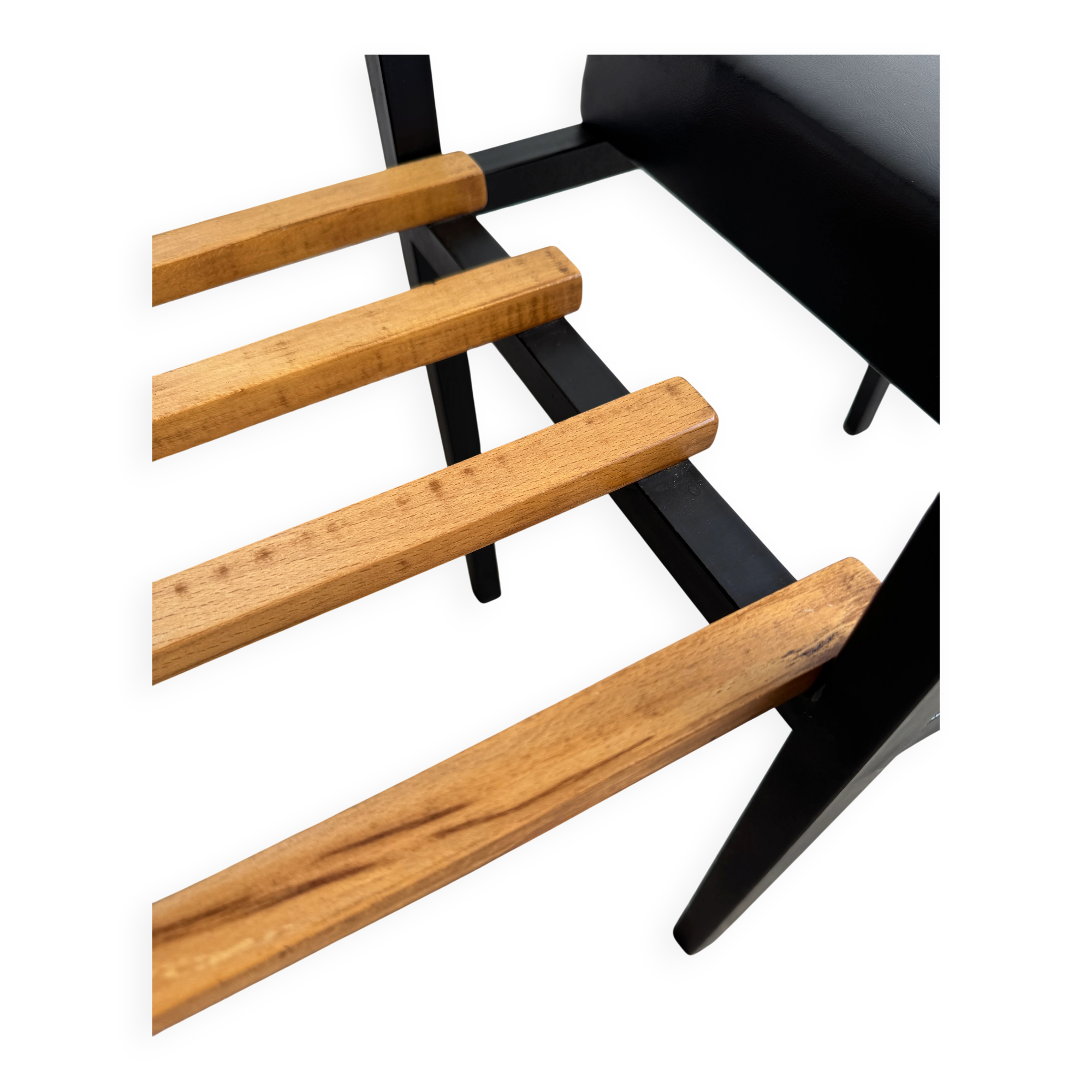 Mid-Century Teak and Black Metal Side Table with Wooden Slat Magazine Rack and Vinyl Seat