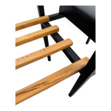 Mid-Century Teak and Black Metal Side Table with Wooden Slat Magazine Rack and Vinyl Seat