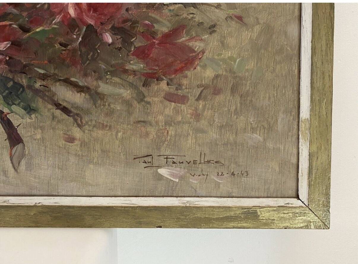 Oil painting on panel of a bouquet of roses signed by Paul Fauvelles 1943.