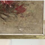 Oil painting on panel of a bouquet of roses signed by Paul Fauvelles 1943.