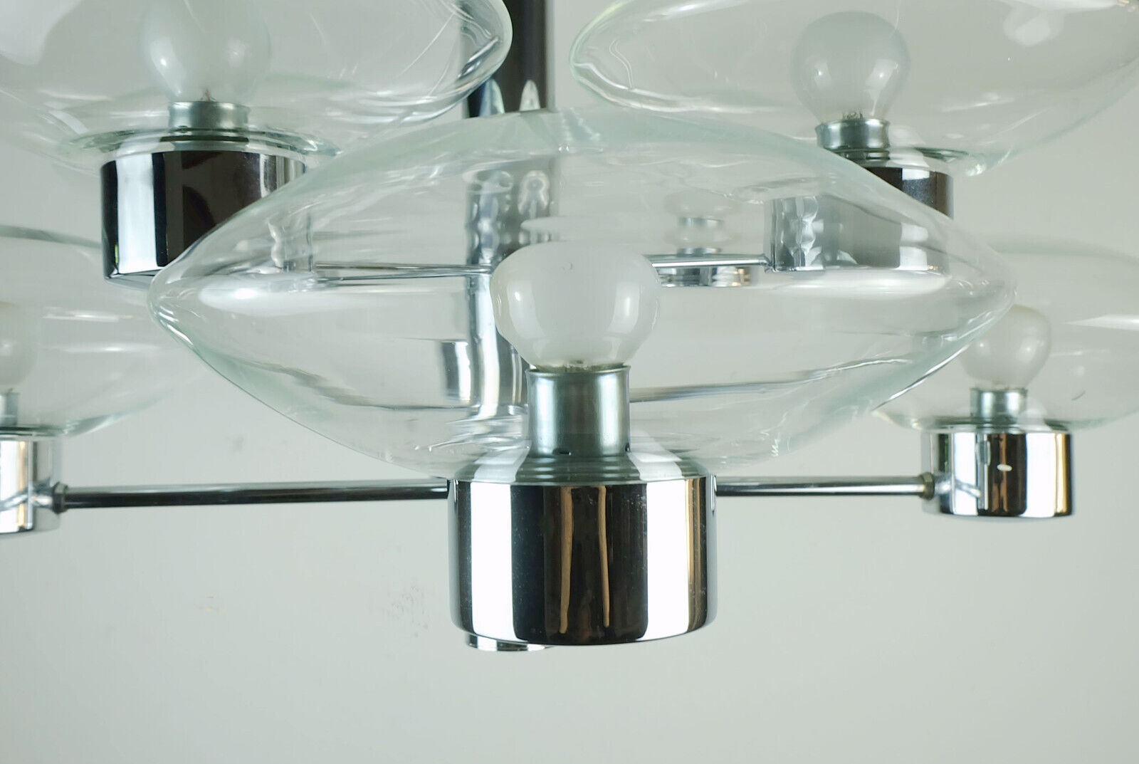 1970s kaiser 8-light PENDANT LIGHT chandelier chrom and clear glass