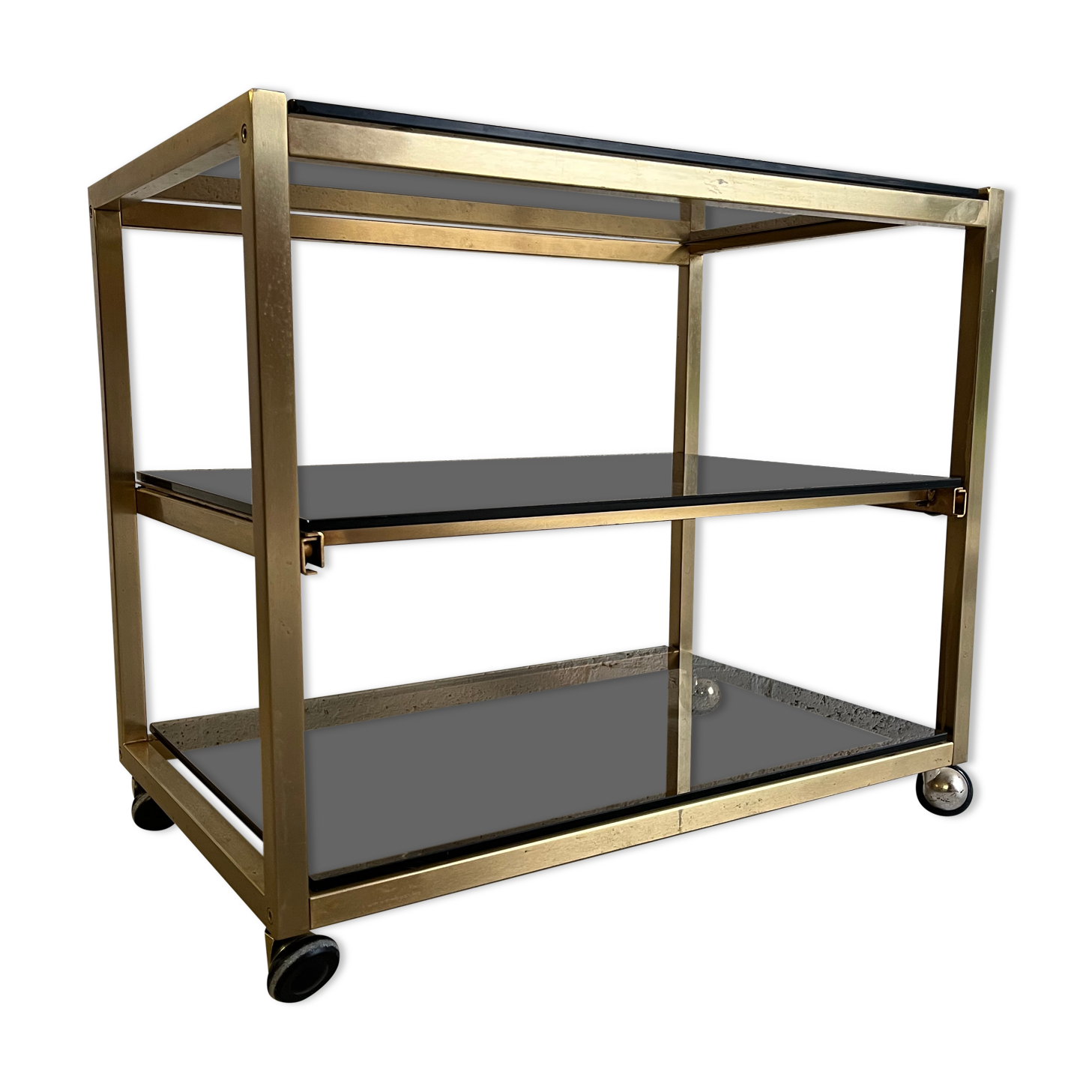 Gold metal and smoked glass serving trolley from the 70s