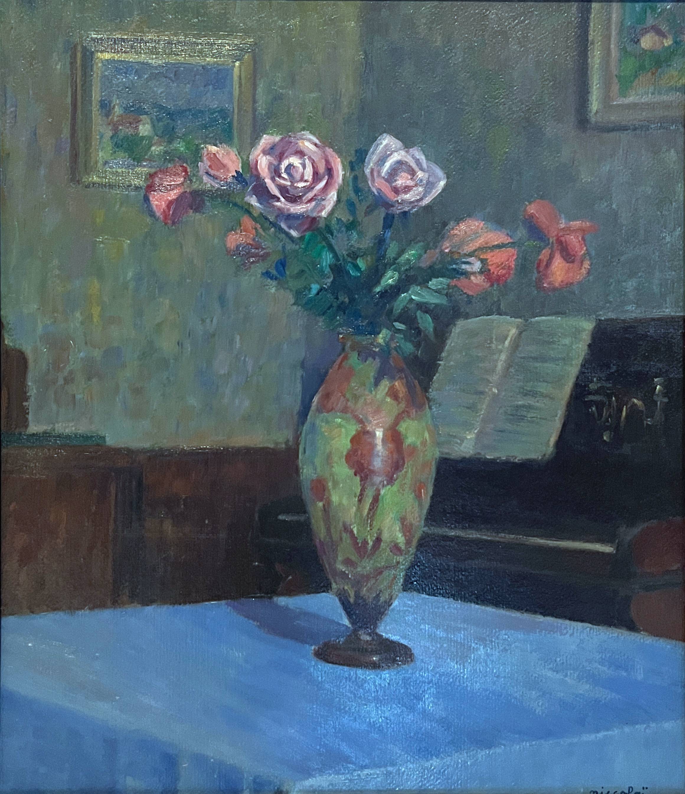HSP Composition Interior painting with roses, glass paste vase and piano