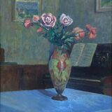 Tableau HSP Composition Intérieur aux roses, vase pâte de verre et piano