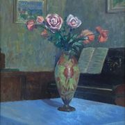 HSP Composition Interior painting with roses, glass paste vase and piano