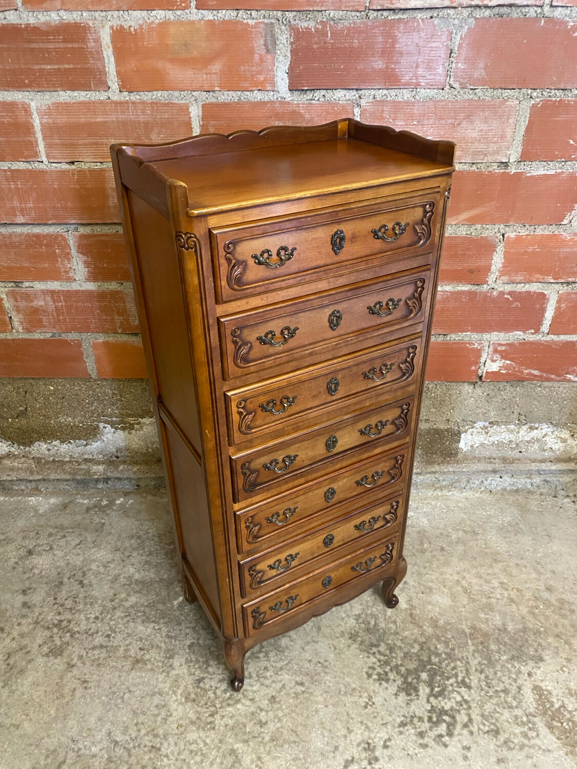 Antique louis xv style weekly chest wood 7 drawers & vintage metal handles