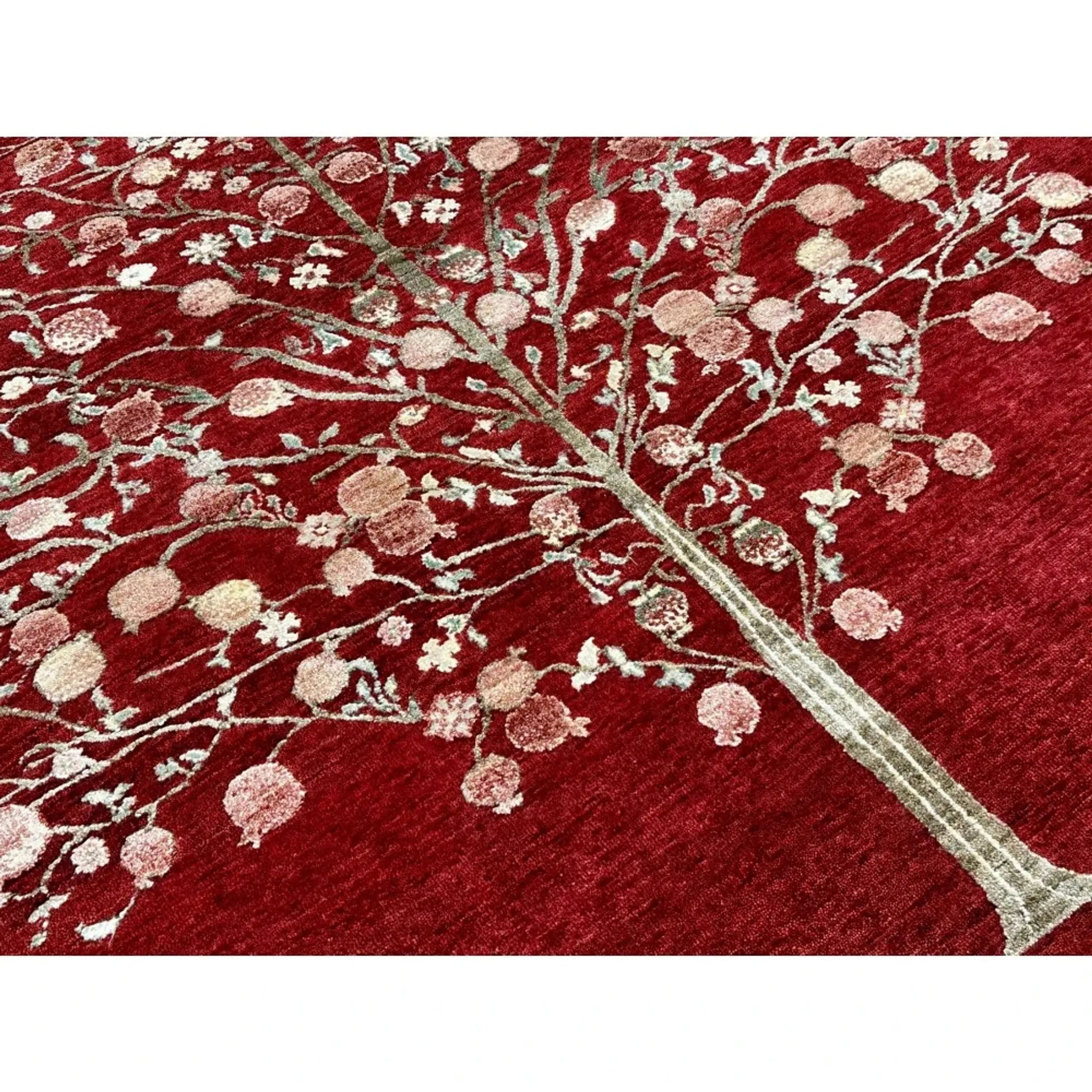 Hand-Knotted Red Area Rug with Botanical Tree Design for Living Room