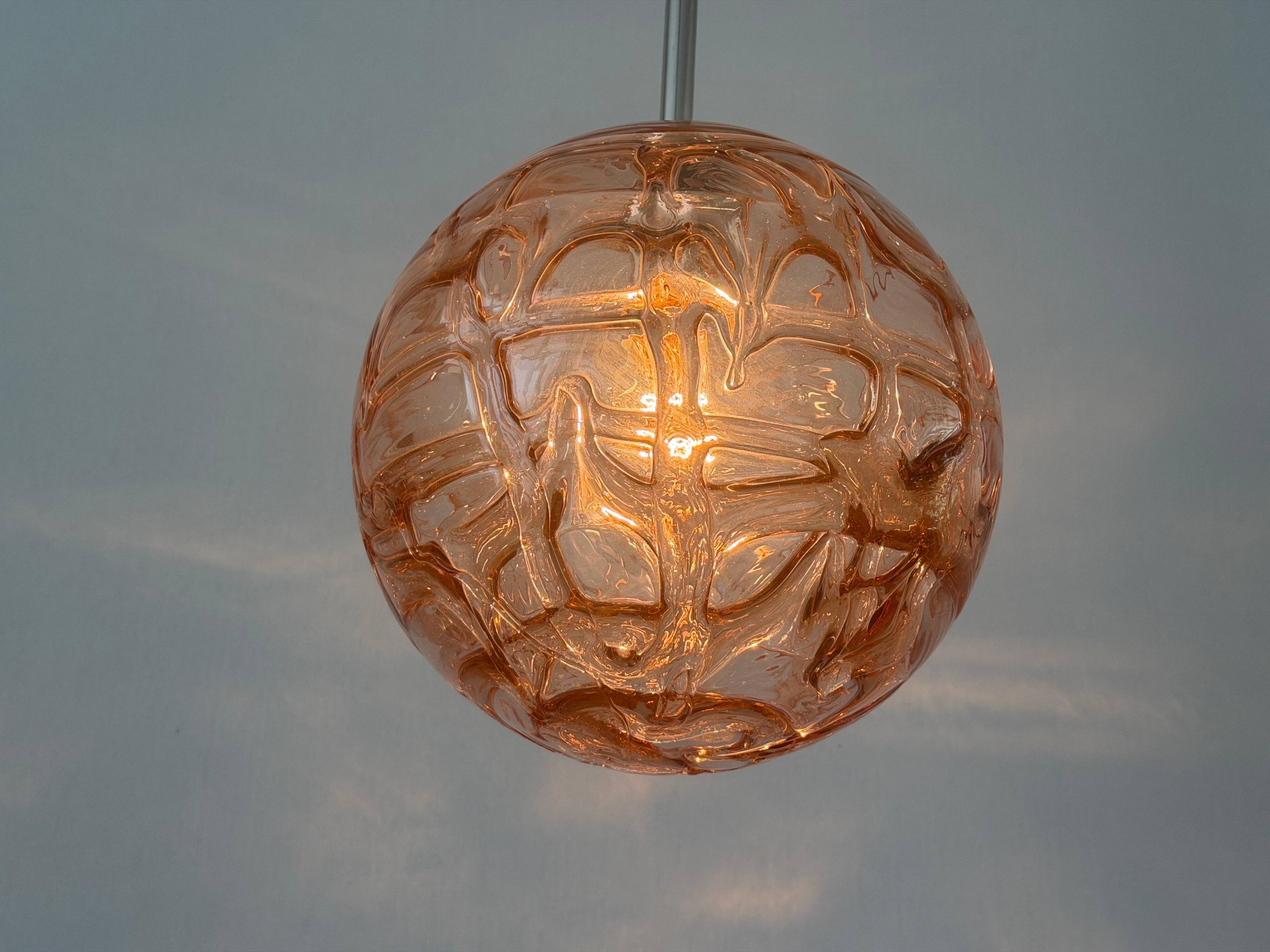 Pink pendant lamp made of hand-blown glass by Doria Leuchten, 1960s Germany.