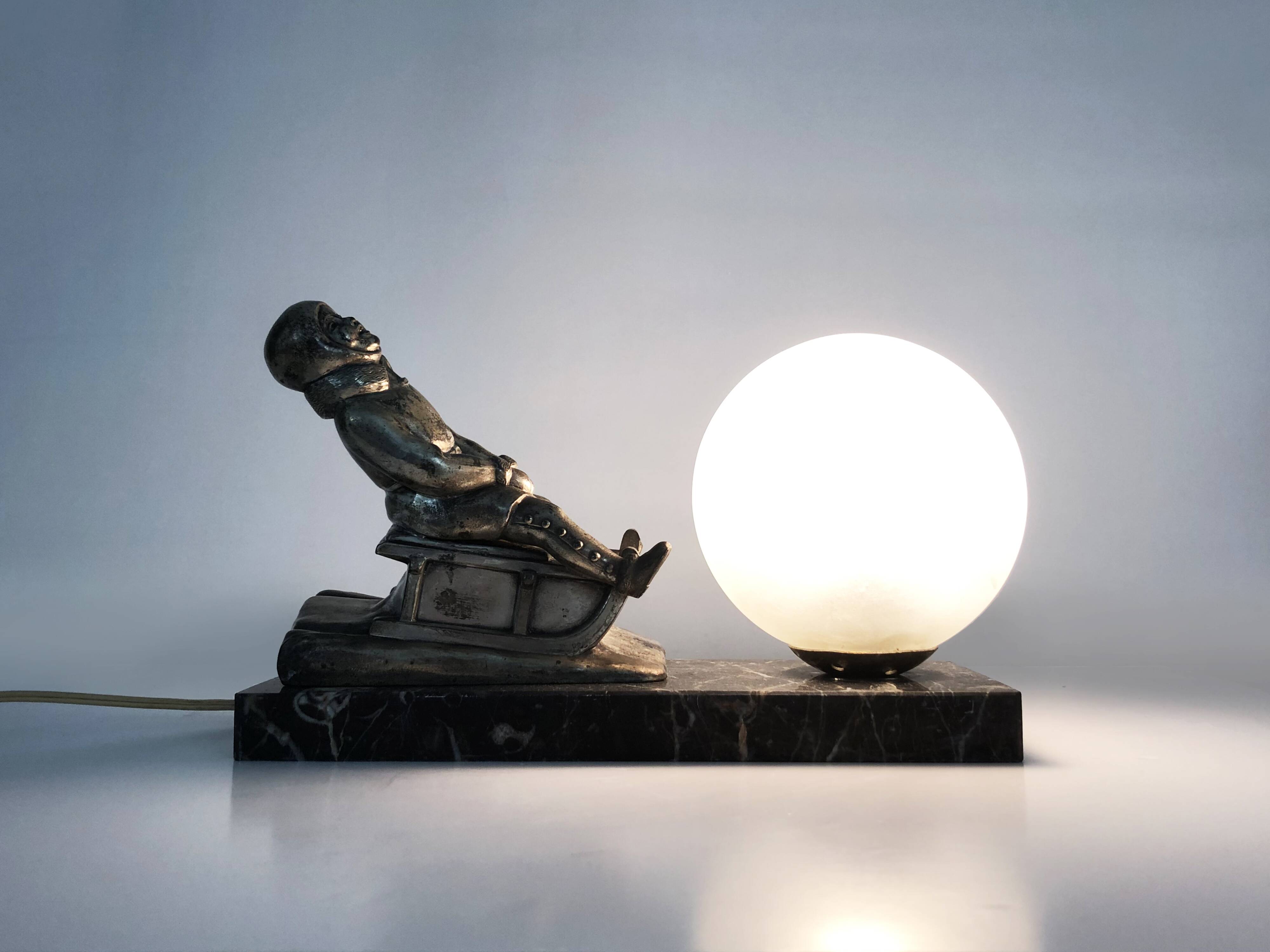 Lamp, Art Deco sled base night light in spelter on marble base