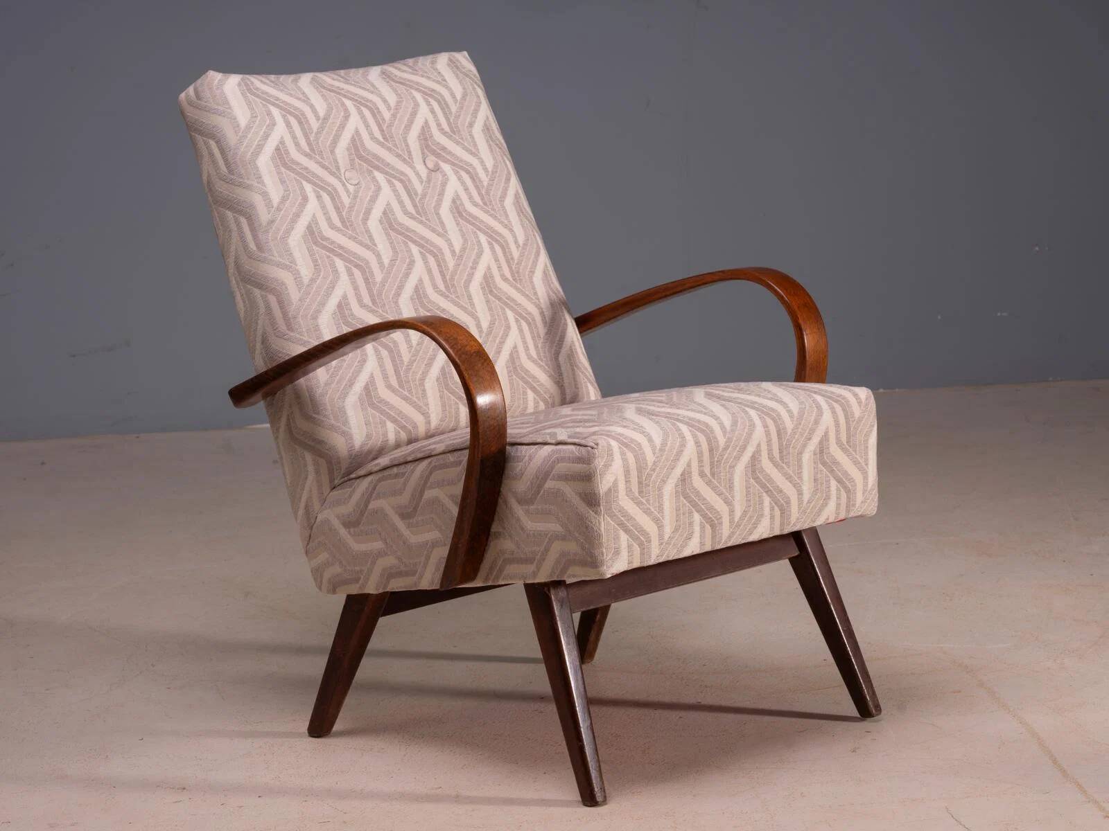 Restored bentwood armchairs by Jaroslav Šmídek, pair, Czechoslovakia, new beige patterned upholstery, 61 × 82 × 81 cm
