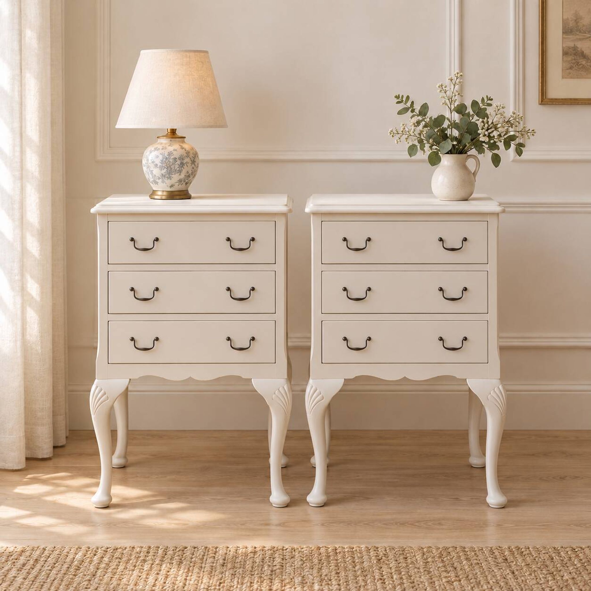 Pair of renovated antique bedside tables – Ivory from Orfèvres Libéron – 3 drawers
