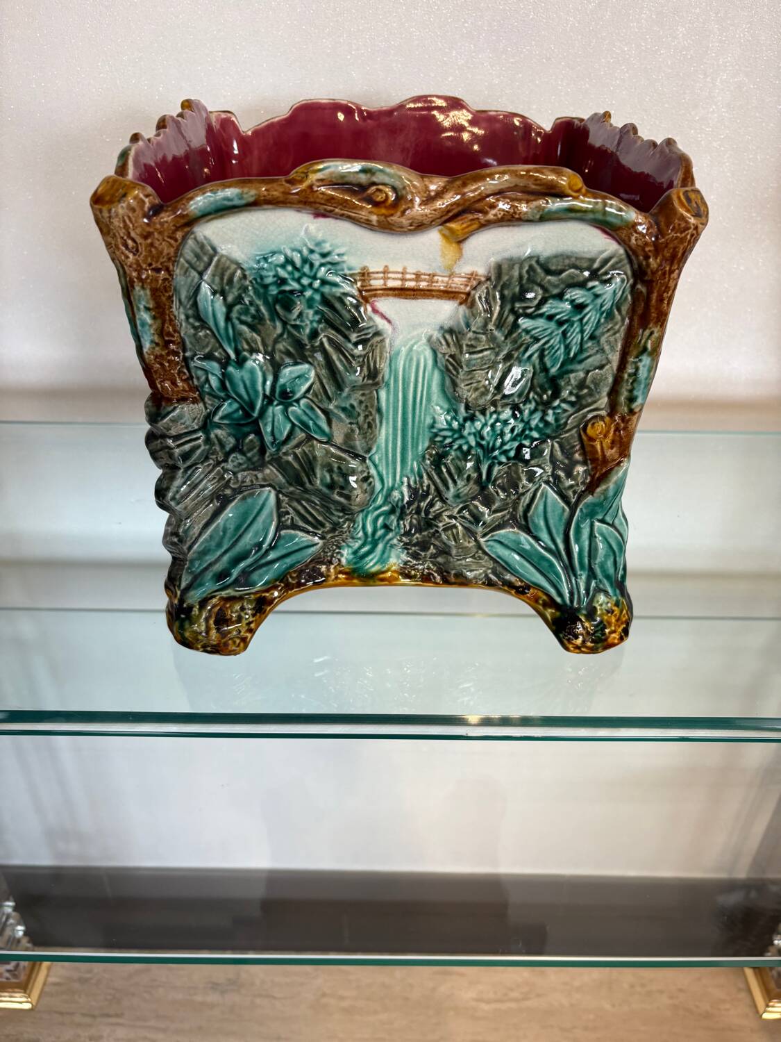 Antique cache-pot in earthenware barbotine – landscape & train decoration – early