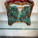 Antique cache-pot in earthenware barbotine – landscape & train decoration – early