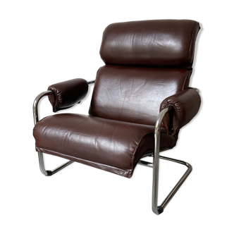 Midcentury tubular chromed chairs with leather cushions