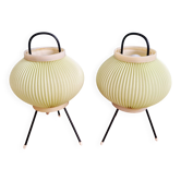 Pair of tripod lamps in pleated pale green celluloid, 1960