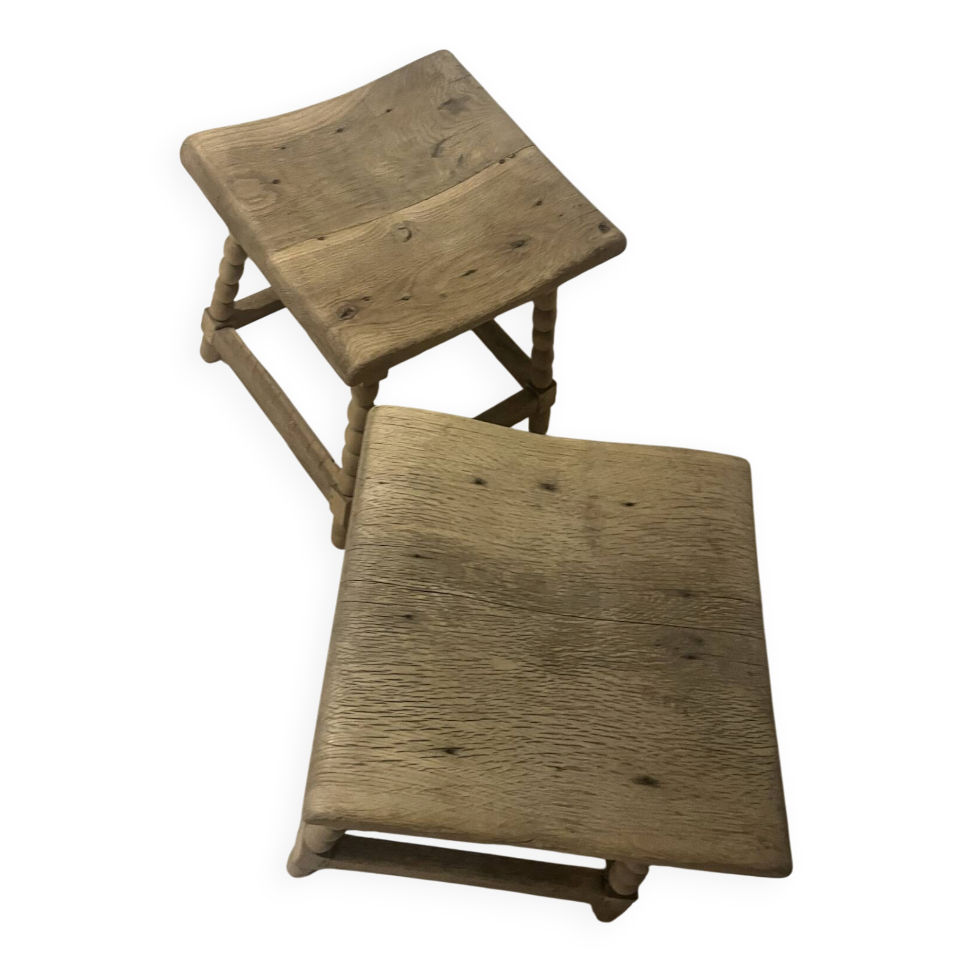 Pair of vintage stools in raw solid wood — Turned ball feet