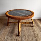 Rattan Bamboo Coffee table Marble top look