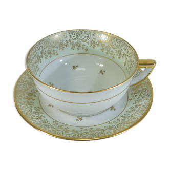 Green and gilded LIMOGES porcelain cup and cup lunch