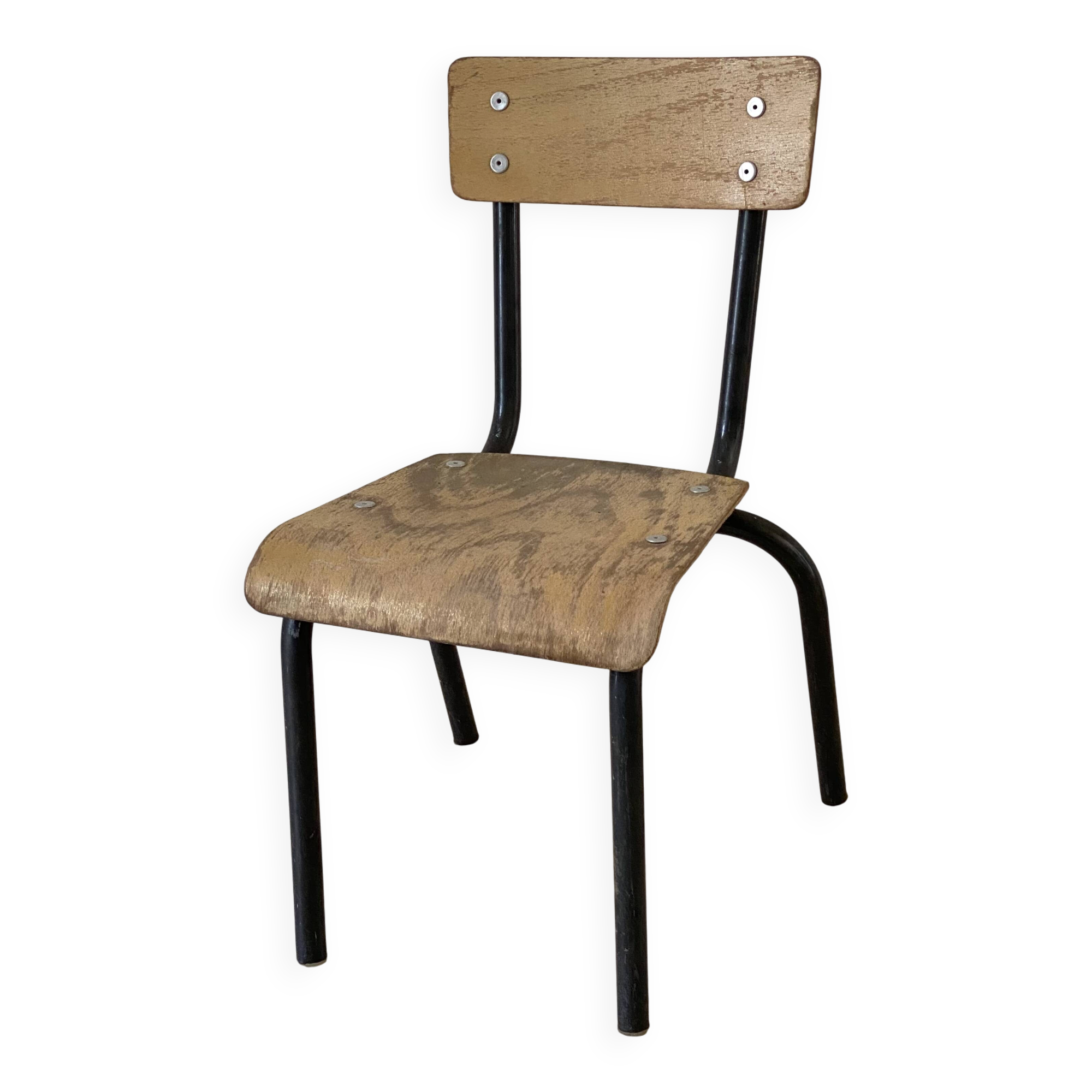 Chaise d’école vintage enfant bois et métal noir style industriel