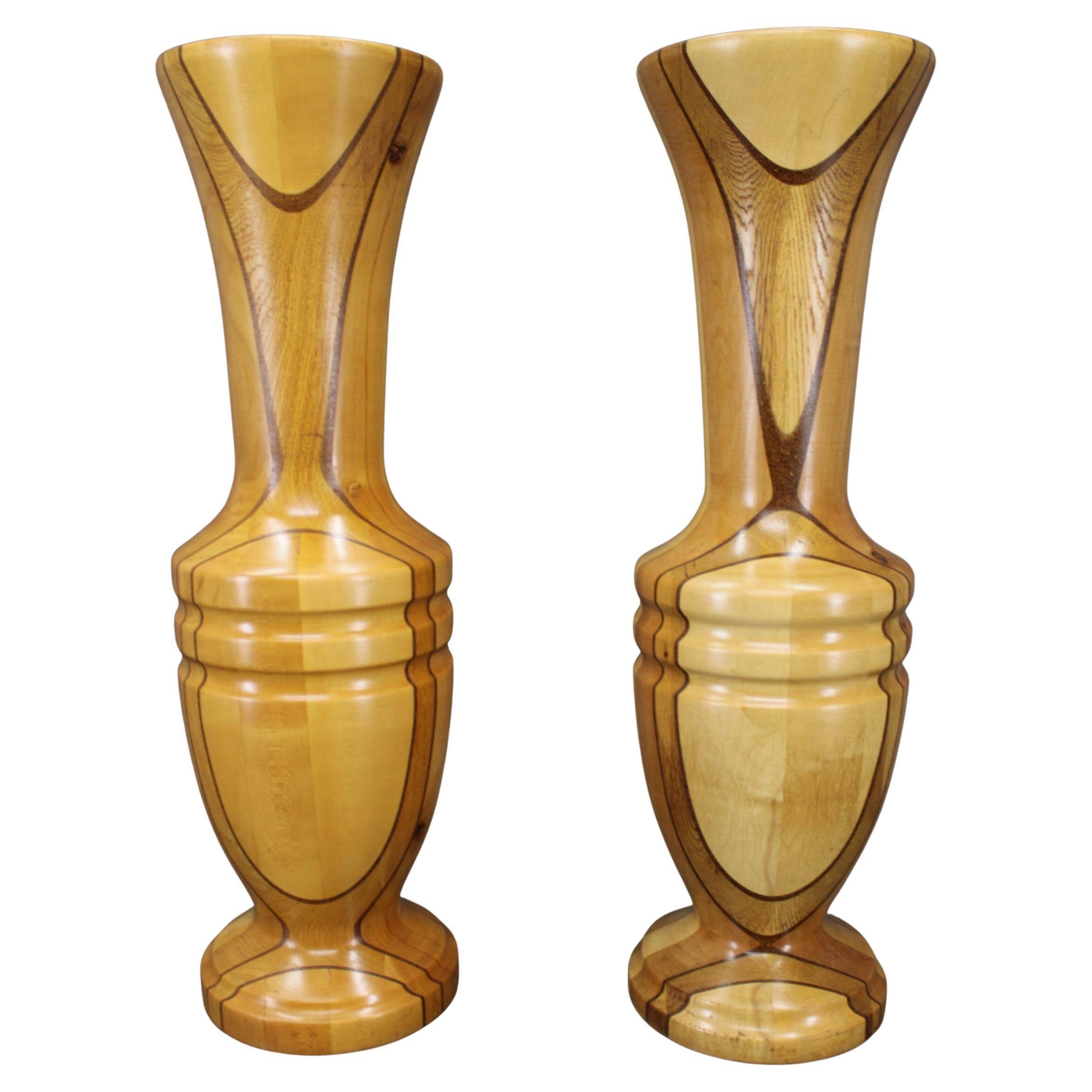 Pair of large Czechoslovakian wooden vases, mixed woods, 1960s