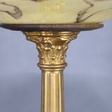 1940s Restored Brass Table Lamp with Wooden Base and Glass Shade
