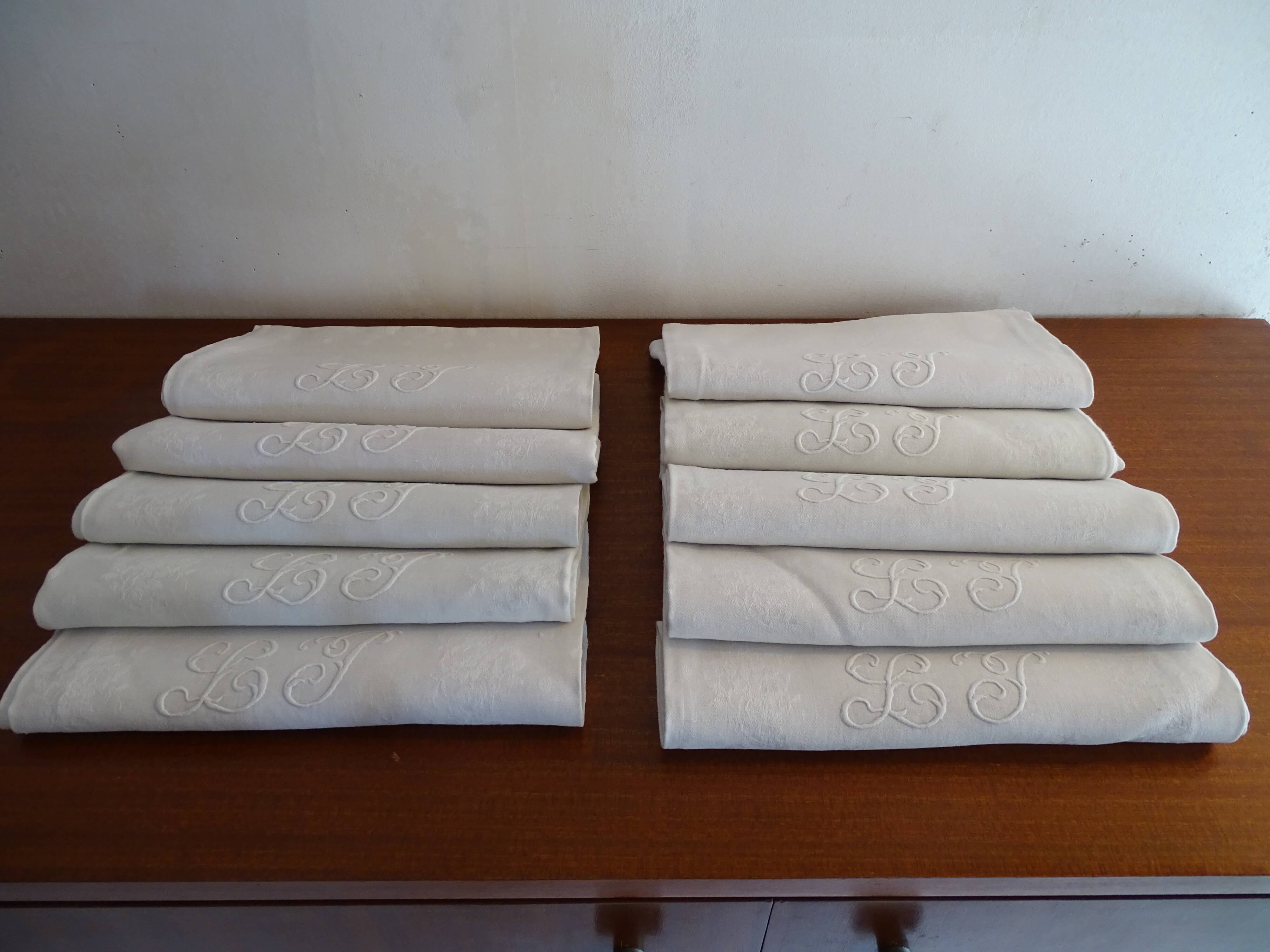 10 old embroidered napkins with L.J monogrammed damask cotton