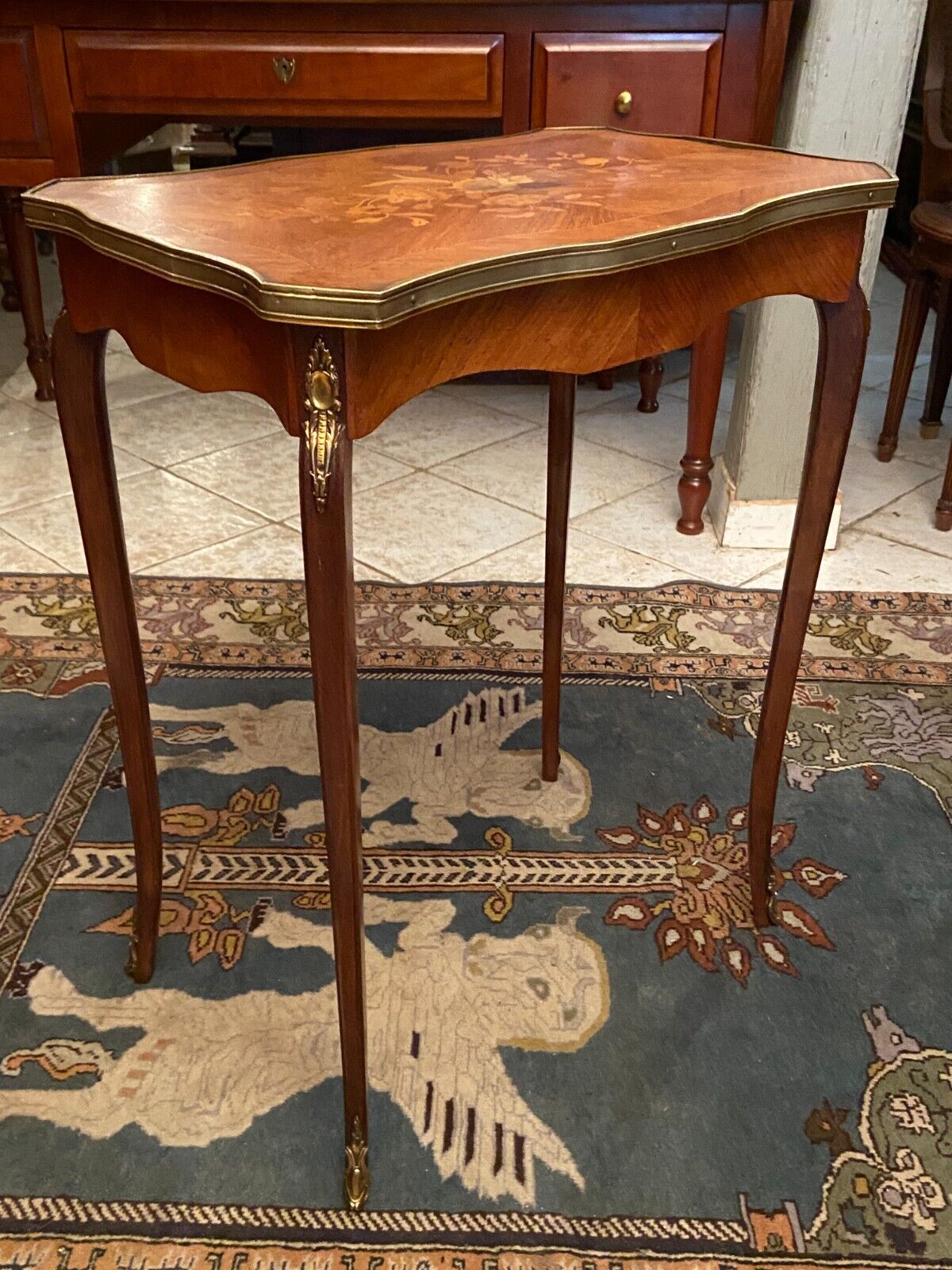 Pedestal table end of sofa decorated inlaid Louis XV style