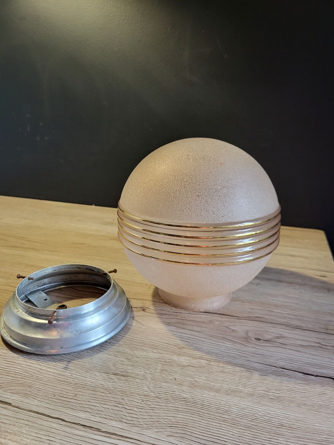 Old opaline pink ball ceiling light vintage frosted glass aluminum support suspension