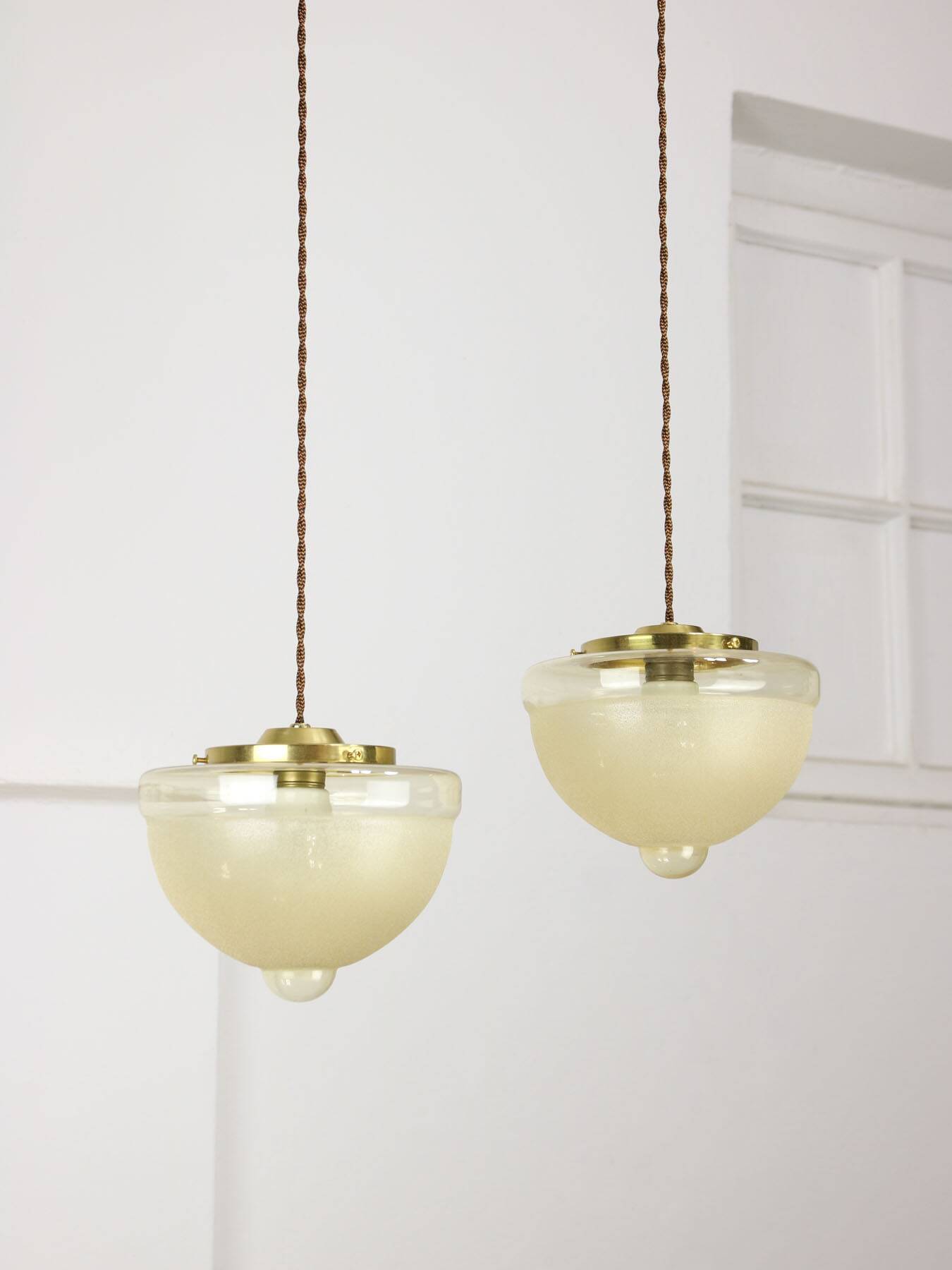Mid-century Italian Brass and Glass Pendant Lamps, set of 2