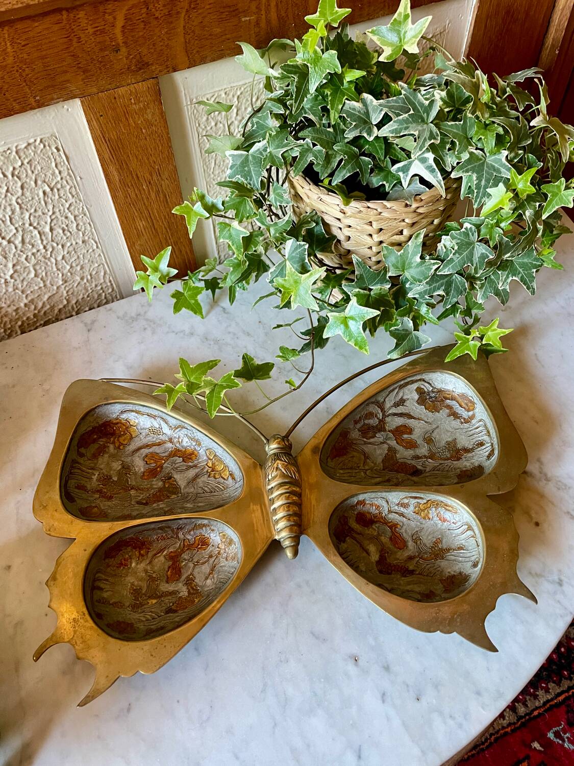 XL butterfly-shaped brass cloisonné trinket tray