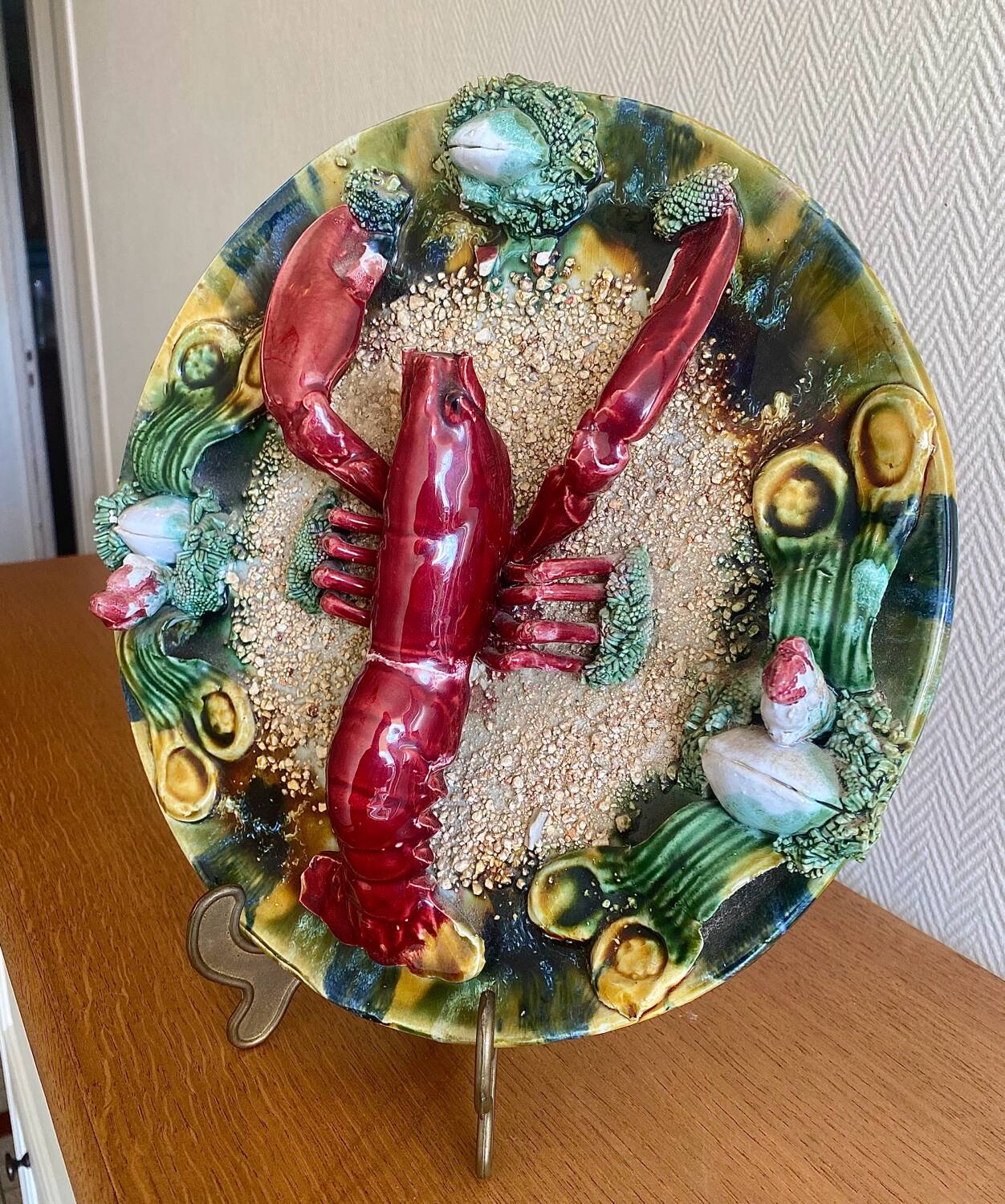 Caldas ceramic Portugal large plate lobster relief decoration