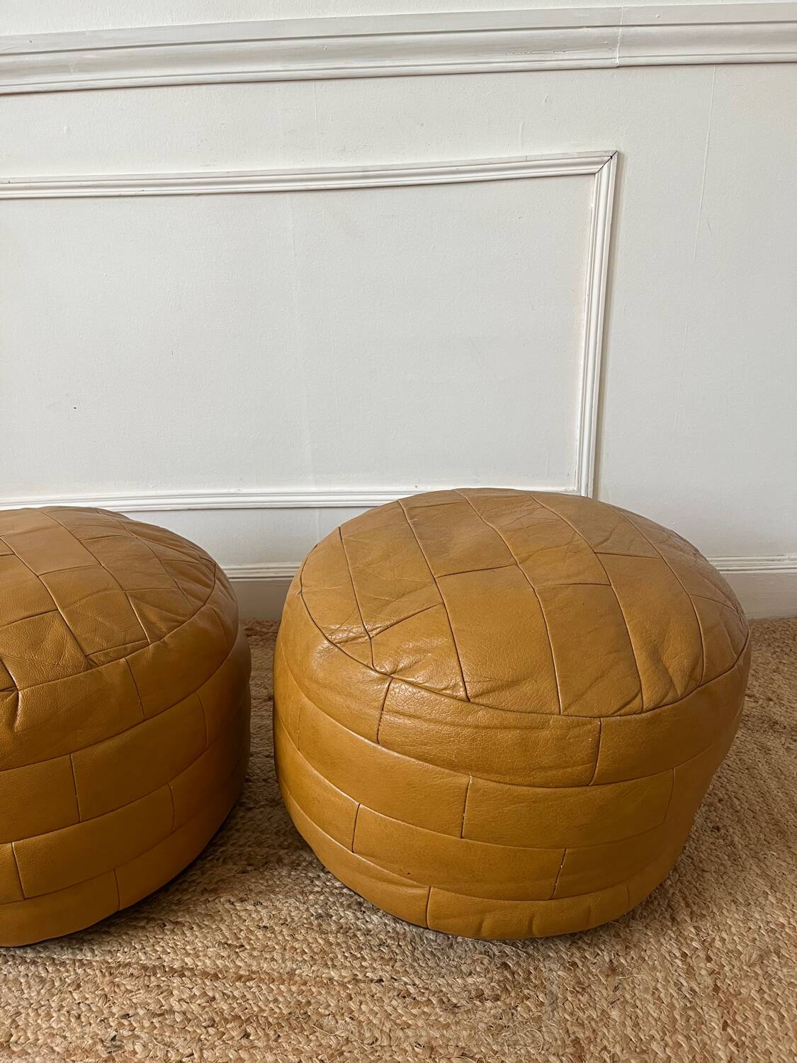 Vintage 70s patchwork leather poufs