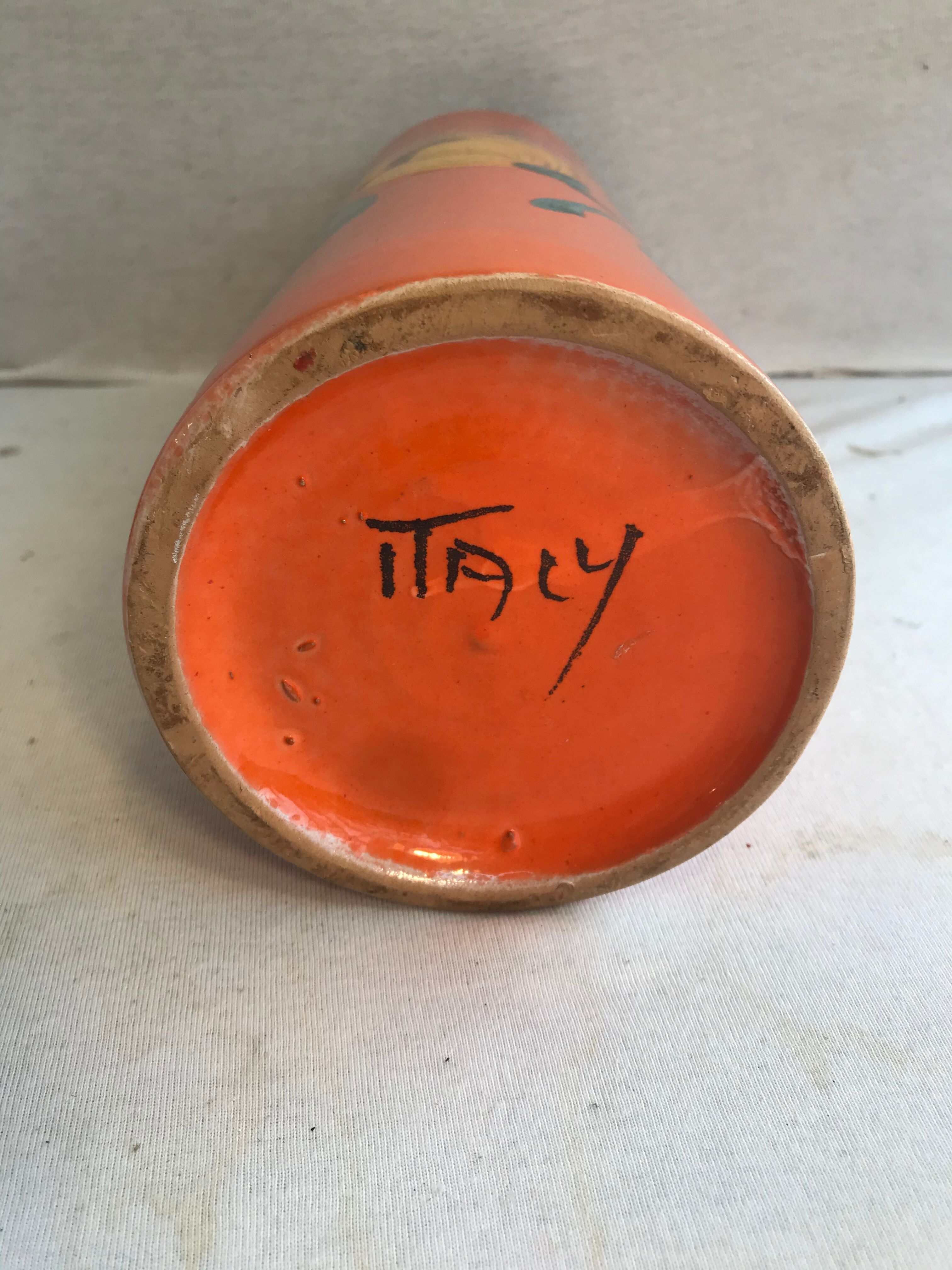 Ancient orange ceramic roll vase drawing flowers made in Italy vintage