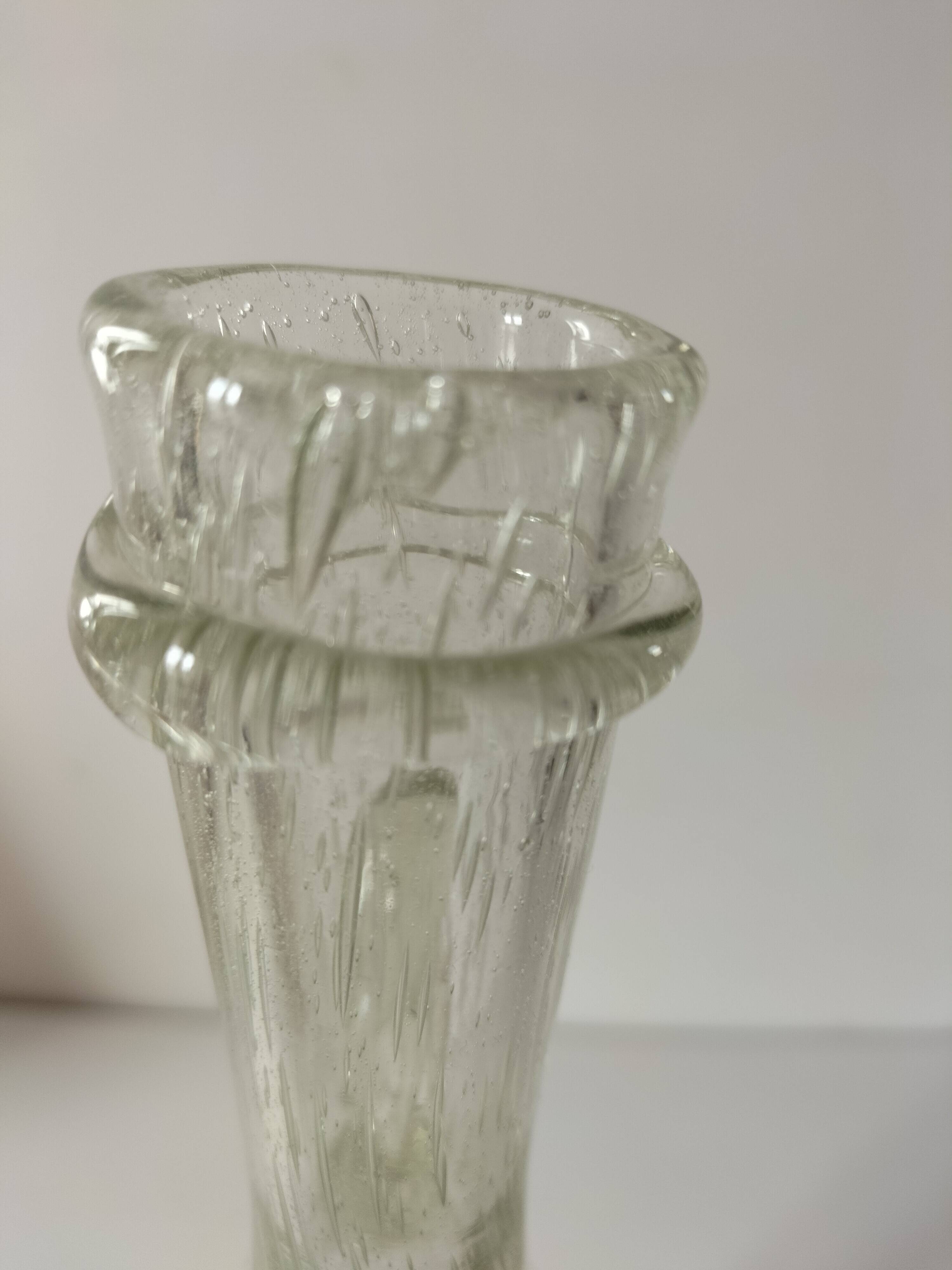 Bubble glass carafe bottle signed Biot in lime green colour.