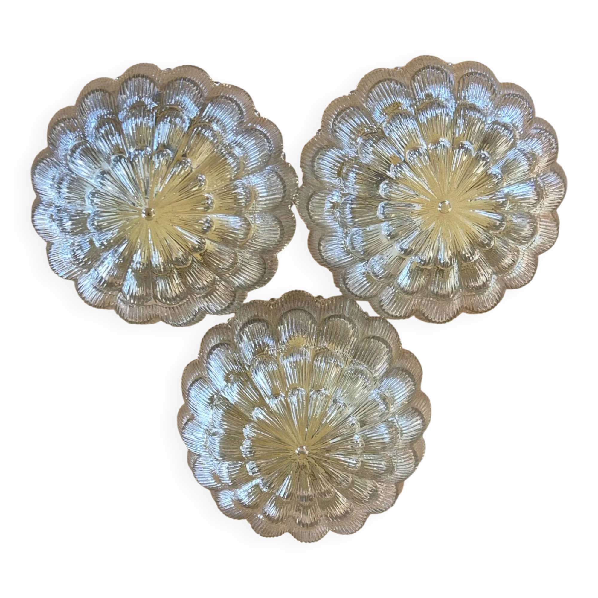 Set of 3 vintage amber moulded glass wall lights and ceiling lights.