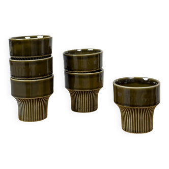Set of 6 vintage stoneware cups in olive green glaze