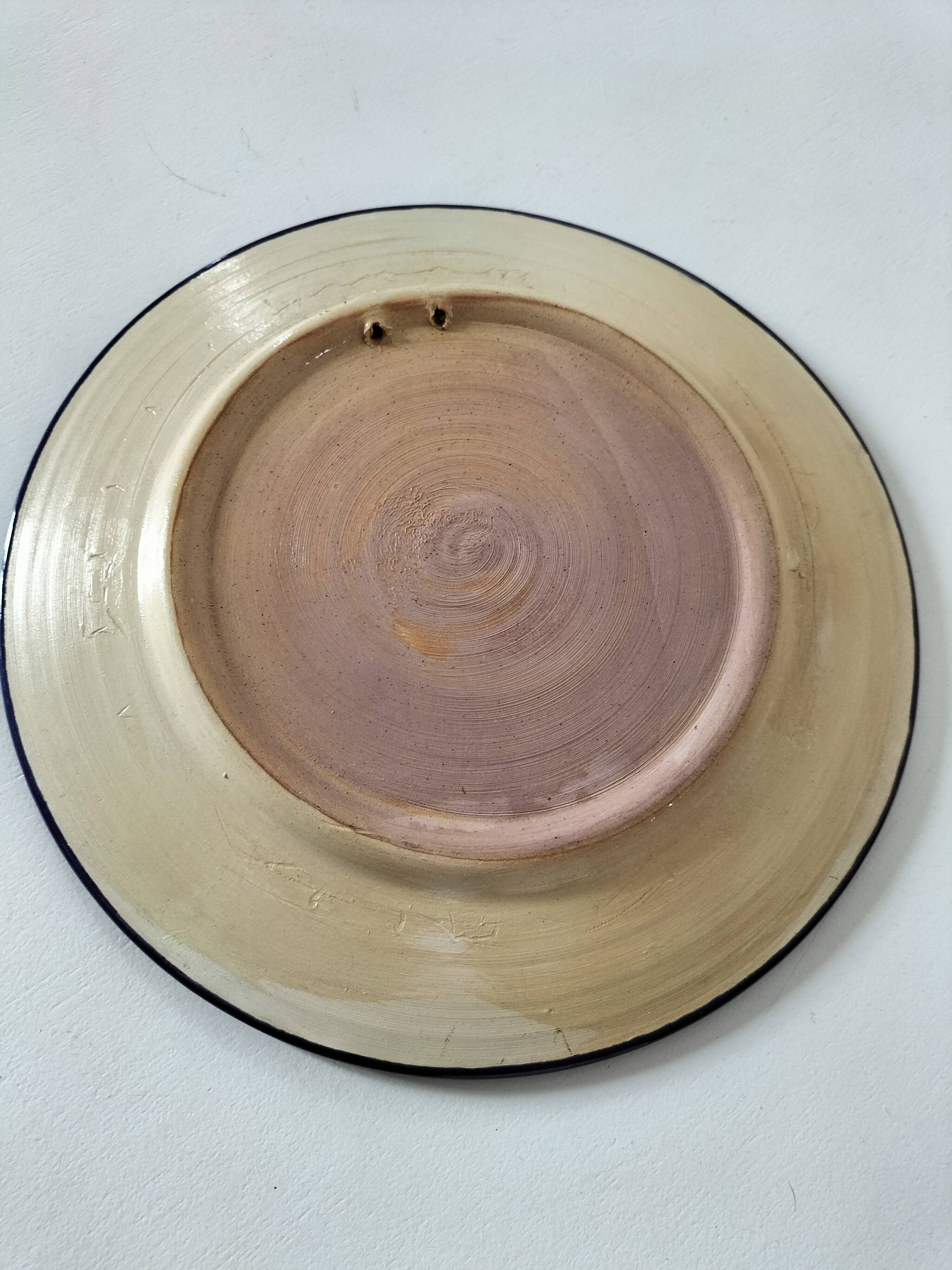 Blue and beige ceramic plate in the Nabeul style, 1970s