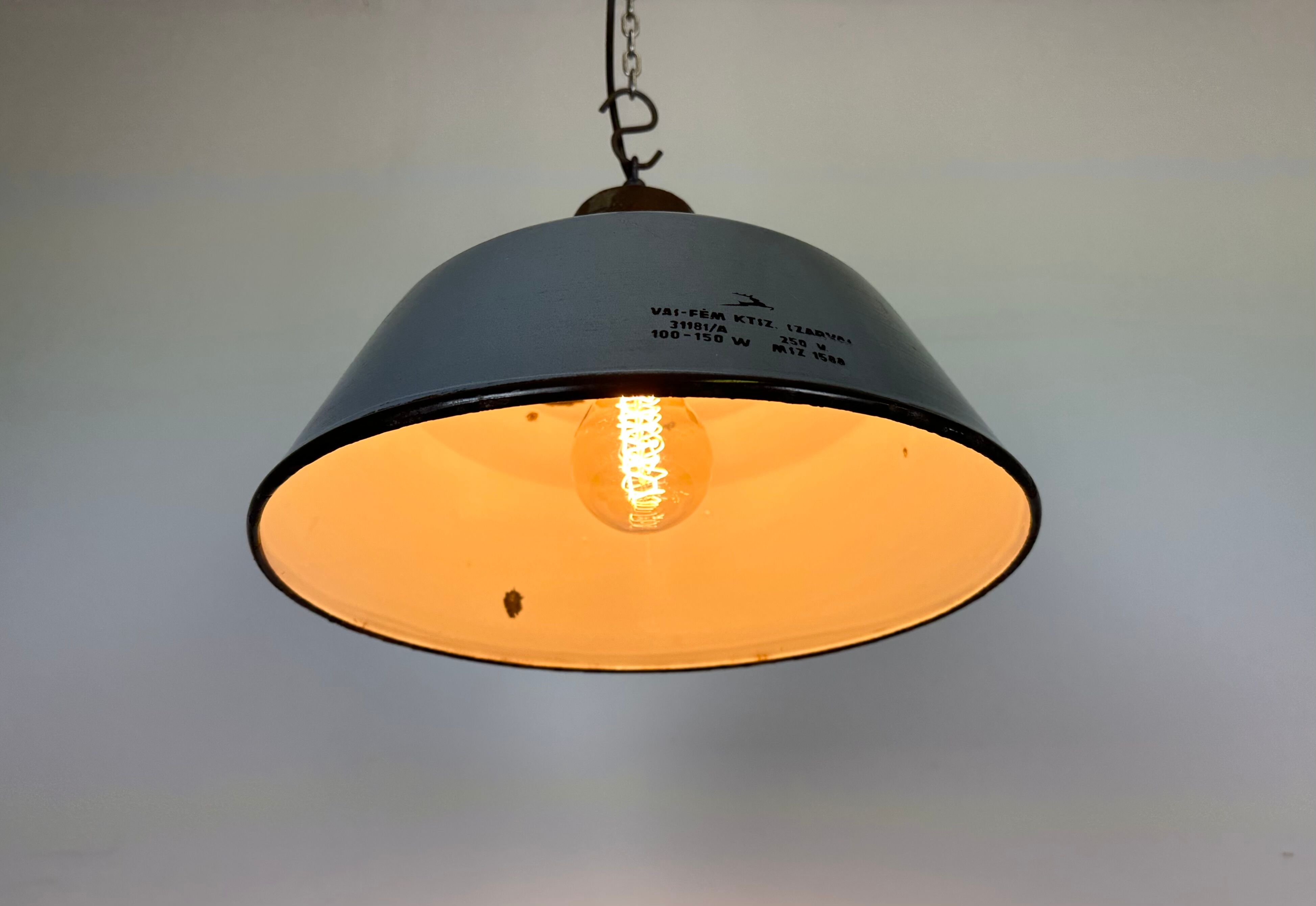 Industrial Grey Enamel and Cast Iron Pendant Light, 1960s