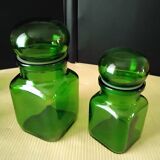 Set of 4 green glass jars, bottles from the 1970s.