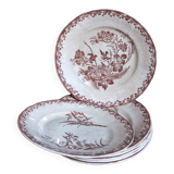 Sept assiettes à dessert terre de fer aux oiseaux f.f.Pexonne fin XIX ème