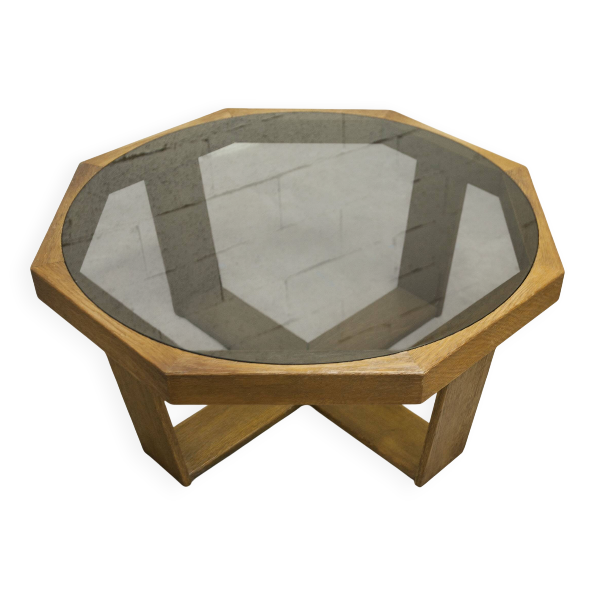 Unique hexagonal table 1977, smoked glass and oak, Swiss made.