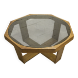 Unique hexagonal table 1977, smoked glass and oak, Swiss made.