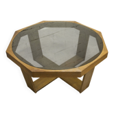 Unique Table hexagonale 1977 chêne verre fumé fabrication suisse