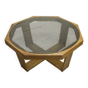 Unique Table hexagonale 1977 chêne verre fumé fabrication suisse