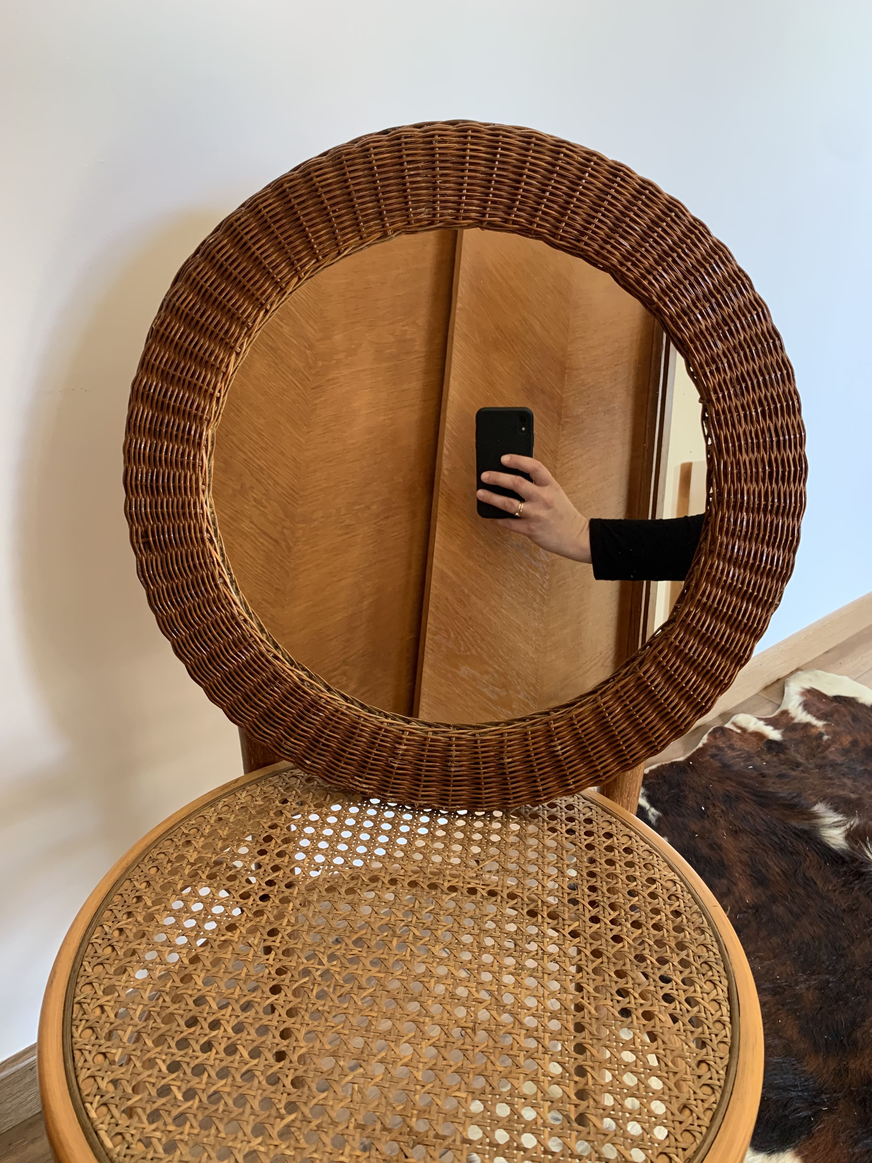 miroir rond en rotin tressé, 1960's