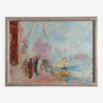 Huile sur toile représentant le port de Nantes par J. Levy XXe